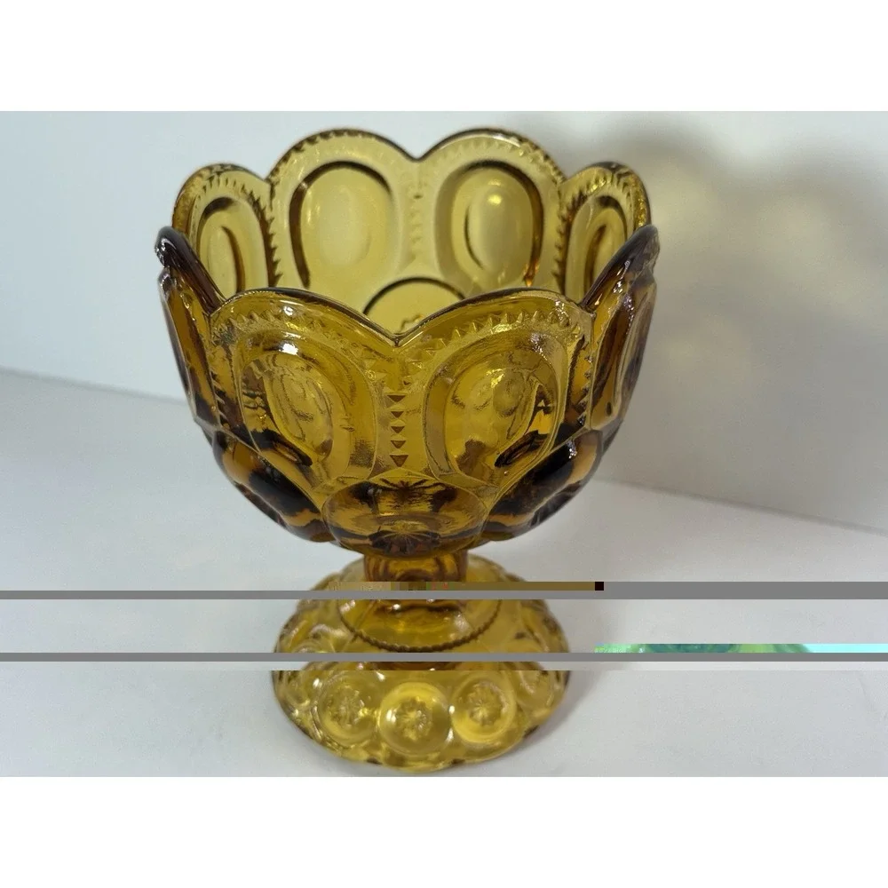 Vintage Amber Glass Moon and Stars Pedestal Candy Compote Scalloped Dish